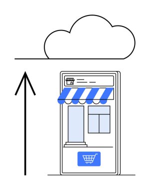 Mavi tenteli ve alışveriş arabası ikonlu akıllı telefon ekranı, üzerinde büyük bulut, yukarı doğru buluta doğru bakan ok. E-ticaret, teknoloji, büyüme, bulut depolama ve veri için ideal