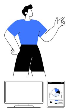 Mavi gömlekli kendine güvenen biri öndeki boş monitörü ve tableti işaret ediyor. Sunumlar, teknik arayüzler, eğitim, kullanıcı arayüzleri, iş analizleri, pazarlama için ideal