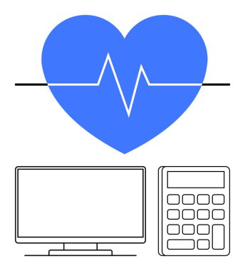 Kalp atışı çizgisi olan mavi kalp, siyah bilgisayar monitörü ve hesap makinesi. Sağlık, teknoloji, finans, tıbbi veri analizi, teletıp sağlık izleme ve ticaret için idealdir. Satır metaforu