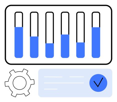 Değişen yükseklik, ayar teçhizatı ve kontrol listesi olan mavi çizelgeli bar çizelgesi. İş, proje yönetimi, veri analizi, performans takibi, hedef belirleme, üretkenlik ölçümü için ideal