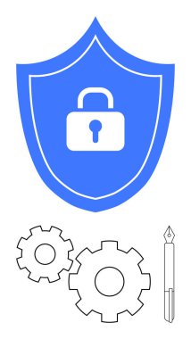 Üzerinde asma kilit sembolü olan mavi bir kalkan, iki dişli tekerlek ve dijital güvenlik ve iş akışı için bir kalem. Siber güvenlik, veri koruması, yapılandırma, yazma araçları, sistem güvenliği, güvenlik için ideal