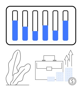 Yükselen değerlere sahip çubuk grafik, büyüyen finansal simgelerle çevrili evrak çantası ve arka planda bitki. Ticari büyüme, mali planlama, yatırım, pazarlama analizi için ideal