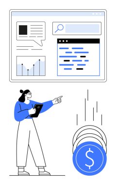 Tablet tutan iş kadını, aşağıda madeni paralar yığılırken üzerinde grafik ve metin olan veri analizlerine işaret ediyor. İş stratejisi, finans, dijital araçlar, veri analizi, büyüme planlaması için ideal