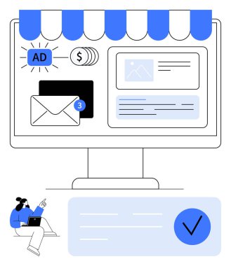 Pazarlama simgelerine sahip bilgisayar ekranı, e-posta bildirimleri, reklamlar ve dolar işaretini onaylıyor. Bilgisayardaki verileri analiz eden kişi. Pazarlama, iş, reklam, iletişim, e-ticaret için ideal