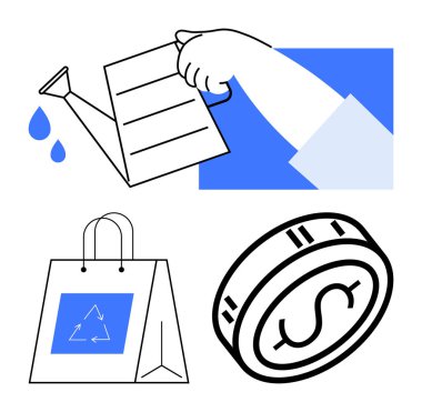 Bar çizelgesini sulamak, alışveriş poşetinde geri dönüşüm sembolü ve dolar işaretli para. Sürdürülebilirlik, finansman büyümesi, geri dönüşüm, ekonomi, çevre bakımı, çevre dostu yatırımlar için ideal