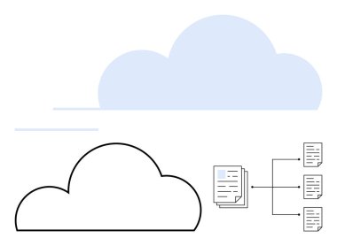 Mavi renkli bulut simgesi, üzerinde belgeler ve oklar olan organizasyon şeması. Bulut depolama, veri yönetimi, dijital organizasyon, dosya paylaşımı, teknoloji, belge yönetimi için ideal, çevrimiçi