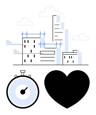 Buildings under construction with cranes stopwatch and heart symbol. Ideal for architecture, health, time management, urban planning, wellness, development, and engineering themes. Line metaphor clipart