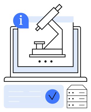 Bilgi simgesi ve kontrol listesi içeren dijital mikroskop laptop ekranında görüntülendi. Bilim eğitimi için ideal, araştırma, veri doğrulama, çevrimiçi öğrenme, teknoloji entegrasyonu, bilimsel