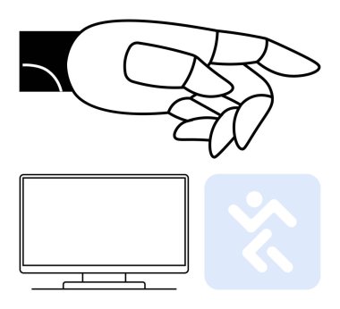 Robotik el, teknoloji ve yeniliği temsil eden bir bilgisayar monitörünü ve gelecekteki arayüz sembolünü işaret ediyor. Teknoloji geliştirme, yapay zeka, robot bilimi, kullanıcı arayüzleri, yenilik için ideal