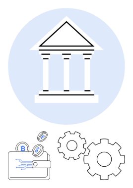 Dairesel arka planda sütunları olan bir banka binası Bitcoin ve dolar paralarının olduğu dijital cüzdan, iç içe geçmiş vitesler. Finans, bankacılık, dijital para birimi, teknoloji ve fintech için ideal