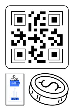 QR kodu, şifreli para ve ödeme uygulamasını gönderme tuşuyla gösteren akıllı telefon. Dijital ödemeler, e-ticaret, fintech, çevrimiçi güvenlik, nakitsiz toplum, engelleme eğitimi için ideal