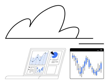 Veri analizi için grafikleri ve grafikleri gösteren bir dizüstü bilgisayara bağlı bulut, ek bir pencere de mali grafiği gösteriyor. İş analizleri için ideal, finansal izleme, bulut