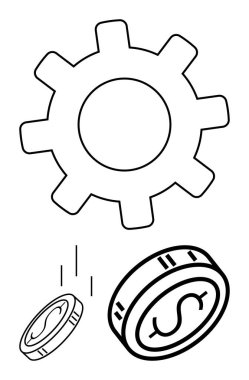 Dişliler düşen dolarlarla etkileşime girerek finansal verimliliği ve karlılığı sembolize ediyor. İş dünyası, ekonomi, mali planlama, yatırım stratejileri, ekonomik büyüme, verimli