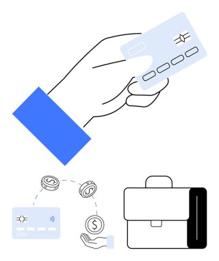 Elinde bir kredi kartı, kartla nakit etkileşiminin çizimleri ve bir evrak çantası var. Finans, alışveriş, ticari işlemler, bankacılık, kişisel finans e-ticaret fintech için idealdir. Çizgi