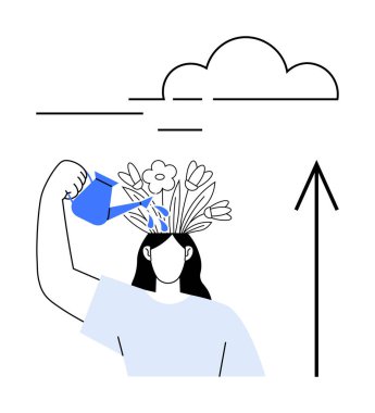 Kadın kafasından filizlenen çiçeklerin üzerine su dökerek besleyici fikirleri ve büyümeyi sembolize ediyor. Yaratıcılık, kişisel gelişim, zihinsel sağlık, eğitim, ilham, yenilik için ideal