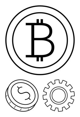 B sembolü, dolar parası ve vites simgesi olan bitcoin. Finans teknolojisi, bankacılık, kripto para birimi, yatırım, engelleme fintech dijital ekonomi için idealdir. Satır metaforu