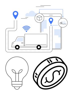 Truck following a route with location pins, wireless signal, light bulb, and coin as representations of logistics, innovation, and finance. Ideal for technology, commerce, navigation delivery clipart