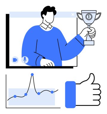 Sanal pencere grafiğinde yükselen trend işaretli bir ödül bulunduruyor. Başarı, tanınma, başarı, büyüme, motivasyon, veri analizi, dijital dünya konuları için idealdir. Doğrusal metafor