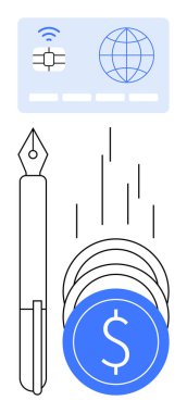 Kalem, istiflenmiş madeni para ve içinde dünya ikonu ve çip olan ödeme kartı. Finans, bankacılık, işlemler, e-ticaret, mobil ödemeler iş yatırımları finans teknolojisi için idealdir. Satır metaforu