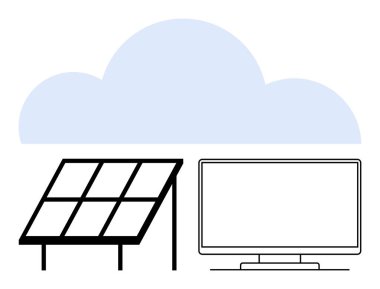 Güneş paneli ve bulutun altındaki monitör. Yenilenebilir enerji, dijital teknoloji, çevresel farkındalık, bulut hesaplama, sürdürülebilirlik, modern çözümler ve temiz enerji kavramları için idealdir. Çizgi