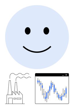 Fabrika ve borsada yükselen eğilimle mutlu bir yüz. İş büyümesi, endüstri başarısı, ekonomik iyimserlik, olumlu veri eğilimleri, piyasa analizleri, finansal sağlık, motivasyon için ideal. Çizgi