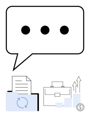 Elipsli sohbet balonu, yenilenmiş sembol, evrak çantası ve yukarı doğru oklu finansal grafikler ve bozuk para. İletişim, üretkenlik, iş akışı, finans ve iş büyümesi için ideal