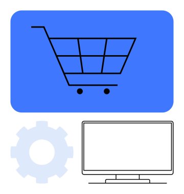 Alışveriş arabası simgesi mavi ekranda, teçhizatlı ve bilgisayar monitörlü. E-ticaret, çevrimiçi alışveriş, web geliştirme, teknoloji, dijital pazarlama, web sitesi yönetimi, çevrimiçi perakende için ideal. Çizgi