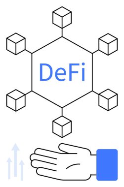 Yukarıya doğru ok atan bir elin üzerinde DeFi etiketli merkezi bir bloğa bağlı altı engelleme düğümü. Finans, kripto para birimi, birebir işlem, yenilik, teknoloji ve yatırım için ideal