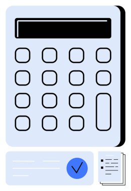 Tuş takımlı ve ekranlı büyük hesap makinesi, çizgili belgeler ve dairesel kontrol işareti. Finans, muhasebe, bütçe, muhasebe, muhasebe, fatura hazırlama denetimi için idealdir. Satır metaforu