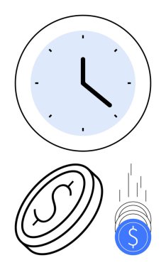 Siyah elleri ve mavi arkaplanı olan bir saat dolar işareti olan bir bozuk para ve birden fazla madeni para düşüyor. Finans, iş stratejisi, zaman yönetimi, tasarruf, üretkenlik, yatırım ve bütçe için ideal