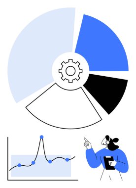 Veri tablosu grafiğiyle birlikte turta grafiği ve veri panosu ile iş analisti. Veri görselleştirme, iş analizi, strateji, finans, büyüme, raporlama ve analitik için ideal. Satır metaforu
