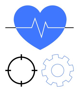 Kalp atışı çizgisi, hedef ve vites simgeleri sağlığı, doğruluğu ve mekaniği simgeler. Sağlık hizmetleri, tıbbi teknoloji, süreç optimizasyonu, hassas araçlar, teşhis mühendisliği için ideal