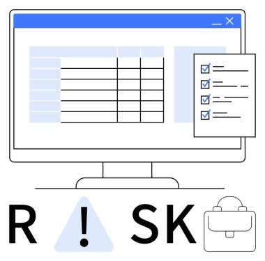 Veri tablosunu gösteren bilgisayar ekranı, işaretli kontrol listesi, RISK sözcüğüyle entegre edilmiş uyarı sembolü ve evrak çantası resmi. Risk yönetimi, iş planlaması, proje değerlendirmesi için ideal