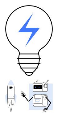 Mavi yıldırımlı ampul bir roket ve işaret eden bir robot. Yenilik, teknoloji, yaratıcılık, robotik, enerji, geleceksel tasarım ve ilerleme için idealdir. Satır metaforu