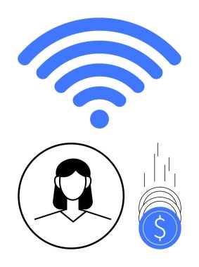 Kadın kullanıcı simgesi ve dijital paraların üzerindeki kablosuz sinyal. Çevrimiçi işlemler, dijital ödemeler, uzaktan çalışma, internet bağlantısı, e-ticaret, mobil bankacılık, sanal ekonomi için ideal. Çizgi