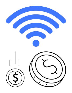 kablosuz sembol bir sabit ve bir dolar düşen para kablosuz mali işlemleri temsil ediyor. Dijital ödemeler, online bankacılık, e-ticaret, fintech, finans teknolojisi için ideal