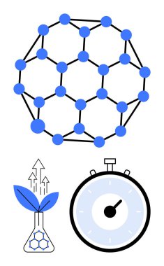 Şişede büyüyen okları ve kronometresi olan moleküler yapı bitkisi. Bilim, nanoteknoloji, araştırma, biyoloji, yenilik, büyüme, zaman yönetimi için ideal. Satır metaforu