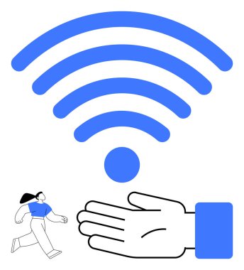 Büyük kablosuz sinyallere uzanan el, küçük insan yürüyor. Bağlantı, teknoloji, iletişim, kablosuz ağlar, internet erişimi, çevrimiçi hizmetler, dijital çözümler için idealdir. Çizgi