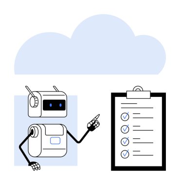 Robot, mavi bulut şeklinde işaretlenmiş beş parçayı kontrol listesine işaret ediyor. Teknoloji, organizasyon, verimlilik, otomasyon, görev yönetimi, üretkenlik, dijital araçlar için ideal