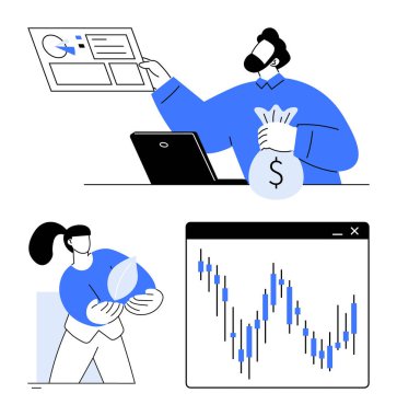 Ekip üyeleri mali tabloları inceliyor, para çantası ve bitki tutuyor, dizüstü bilgisayar kullanıyor. Mali analiz, yatırım stratejileri, planlama, iş büyümesi, veri analizleri, tasarruflar için ideal