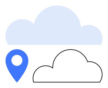 Mavi ve siyah renkli bulut şekilleri ve mavi bir lokasyon iğnesi. Teknoloji, navigasyon, hava tahmini, bulut hesaplama, seyahat, harita ve veri depolama için ideal. Satır metaforu