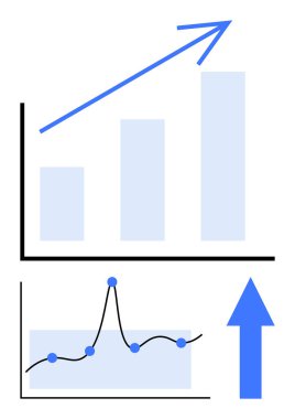 Yukarı doğru oklu çubuk grafik ve çizgi grafiği büyüme başarısını ve finansal eğilimleri vurguluyor. İş stratejisi, veri analizi, finans, hedefler, piyasa eğilimleri ve istatistikler için ideal. Satır metaforu