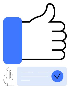 Mavi bir kol ile el hareketi, mavi bir düğme içinde işaret simgesi, ve ok ile insan kafası çizimi. Onay, başarı, anlaşma, olumlu geri bildirim, motivasyon, zihinsel