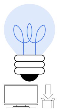Ampul, bilgisayar monitörü ve bir kutuya ok indirme fikrini sembolize ediyor. Teknoloji, yenilik, yaratıcılık, yazılım geliştirme, dijital çözümler için ideal, çevrimiçi