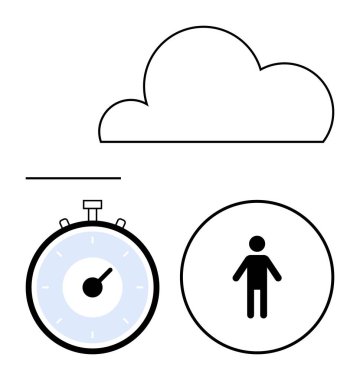 Cloud outline stopwatch human icon and line arranged gracefully. Ideal for concepts thumbs up technology, time management, user experience, minimalism, communication, simplicity, abstracts. Line clipart