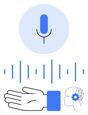 Mikrofon, el hareketi, ses dalgaları ve vitesli insan kafası. Ses kontrolü, yapay zeka, ses teknolojisi, insan-makine etkileşimi otomasyonu ve teknolojik gelişim için ideal. Satır metaforu