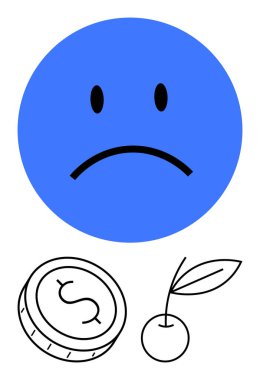 Siyah yüzlü, mavi üzgün bir yüz. Aşağıda bir dolar işareti olan bir bozuk para ve sapı ve yaprağı olan bir kiraz var. Mali kayıp, üzüntü, kazanç, ekonomi düşüşü, hayal kırıklığı, tarım için ideal