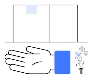 Açık kitap, uzatılmış el, CRM vites ikonlu robot el. Otomasyon, teknoloji, dijital araçlar, üretkenlik, iş otomasyonu veri yönetimi yeniliği için idealdir. Satır metaforu