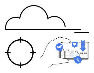 Bulut deposu, hedefleme dürbünü ve üzerinde satış etiketleri ve simgeleri olan şişeleri gösteren akıllı telefon. E-ticaret, çevrimiçi pazarlama, dijital reklamcılık, veri depolama, müşteri ilişkileri, sosyal medya için ideal