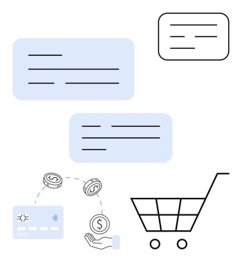 Alışveriş arabası, ödeme kartı, bozuk paralar, sohbet kutuları ve bir el. Çevrimiçi alışveriş, ödeme işleme, müşteri hizmetleri, mali işlemler, e-ticaret platformları perakende pazarlama için ideal